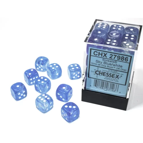Chessex - Dadi 6 Facce - Set 36 Dadi Borealis - Sky Blue-White Luminary - Jokers Lair